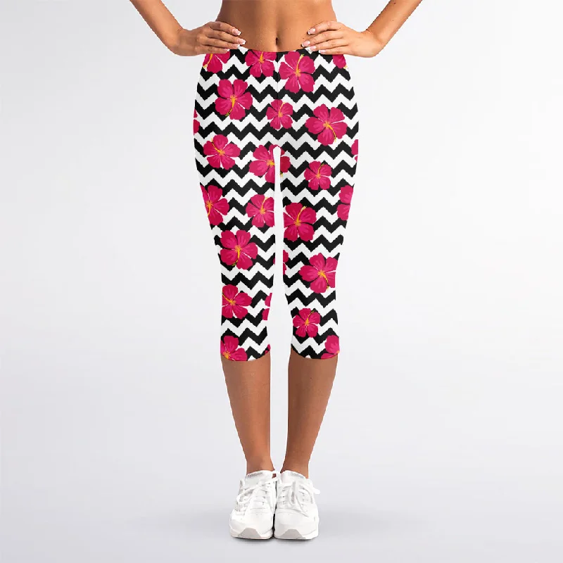 Pink Hibiscus Zigzag Pattern Print Women's Capri Leggings Comfortable Zip-Up Leggings Pink Hibiscus Zigzag Pattern Print Women's Capri Leggings Comfortable Zip-Up Leggings