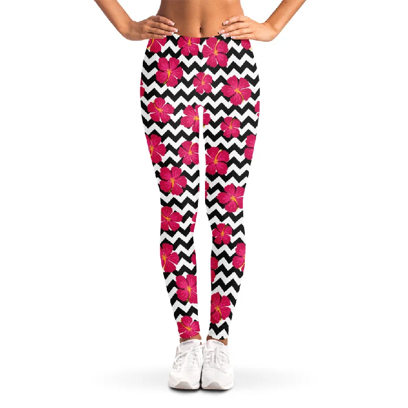 Pink Hibiscus Zigzag Pattern Print Women's Leggings Fashionable Solid Color Tights