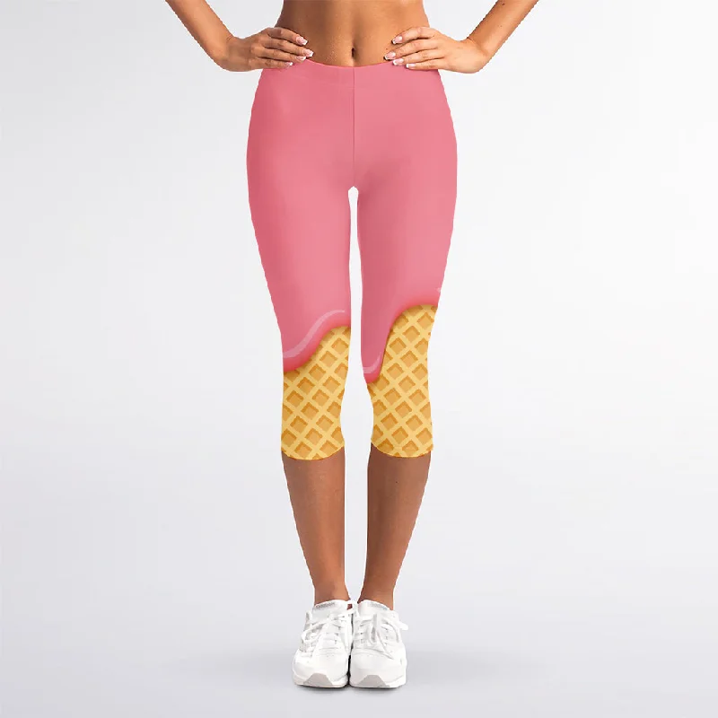Pink Ice Cream Melted Print Women's Capri Leggings Comfortable Printed Workout Leggings Pink Ice Cream Melted Print Women's Capri Leggings Comfortable Printed Workout Leggings