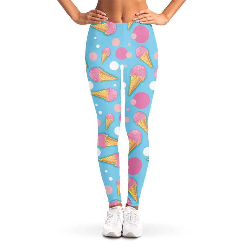Pink Ice Cream Pattern Print Women's Leggings Elegant Stretchy Faux Leather Leggings