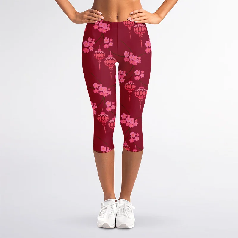 Pink Japanese Lantern Pattern Print Women's Capri Leggings Trendy Fitness Leggings