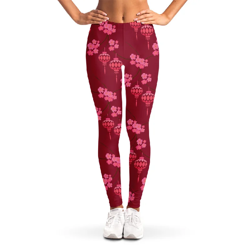 Pink Japanese Lantern Pattern Print Women's Leggings Trendy Spandex Leggings