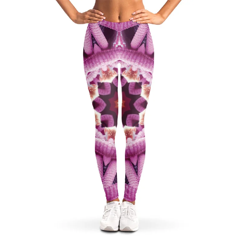 Pink Kaleidoscope Print Women's Leggings Elegant Shiny Black Leggings
