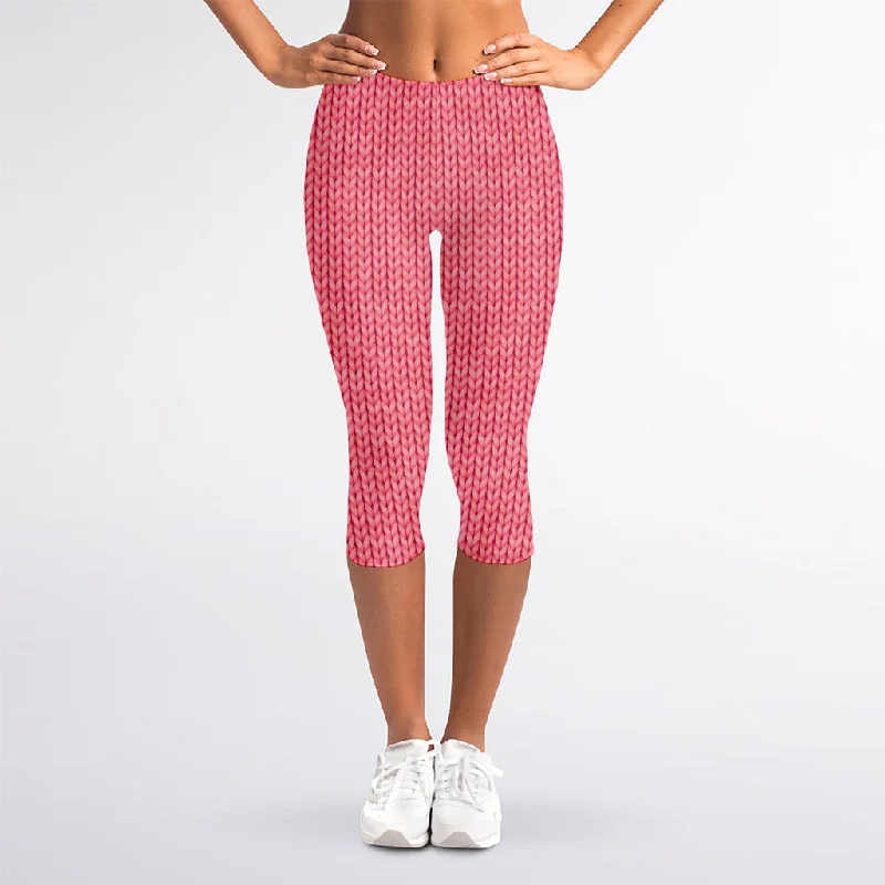 Pink Knitted Pattern Print Women's Capri Leggings Cozy Full-Length Workout Leggings