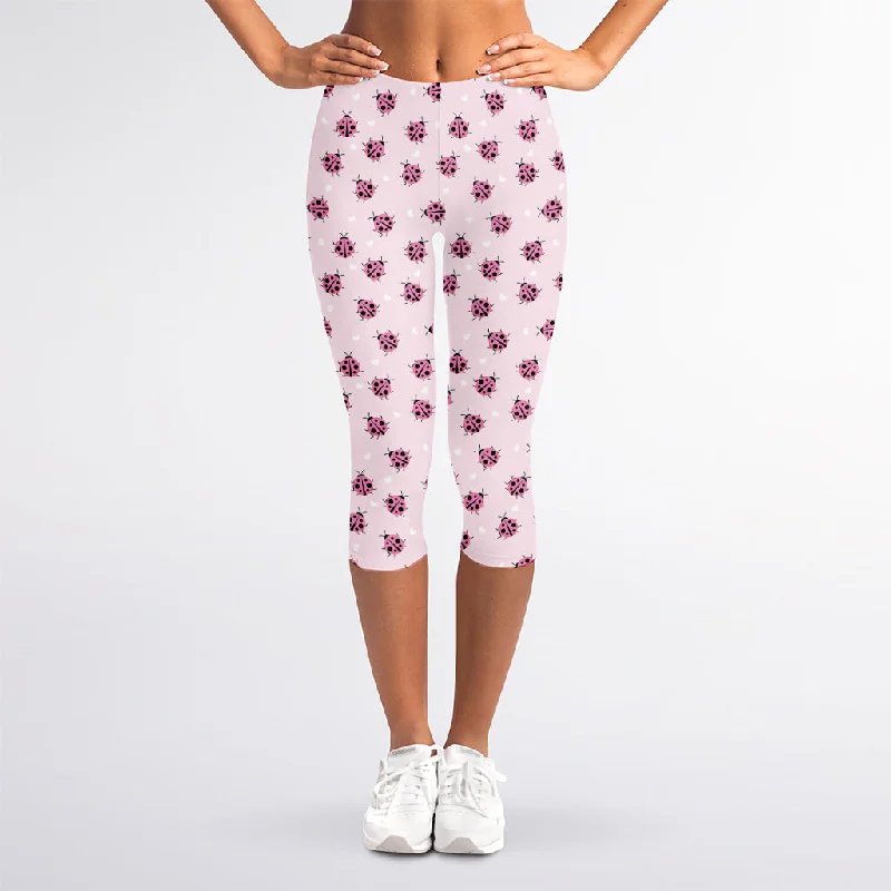 Pink Ladybug Pattern Print Women's Capri Leggings Stylish Winter-Ready Leggings