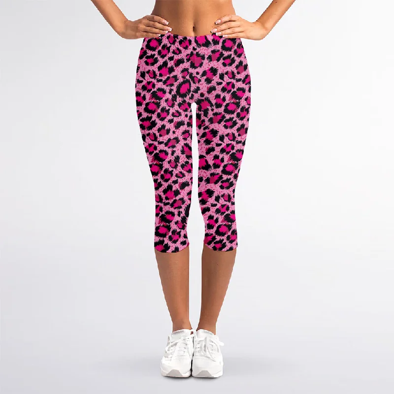 Pink Leopard Print Women's Capri Leggings Trendy Adjustable Waist Leggings