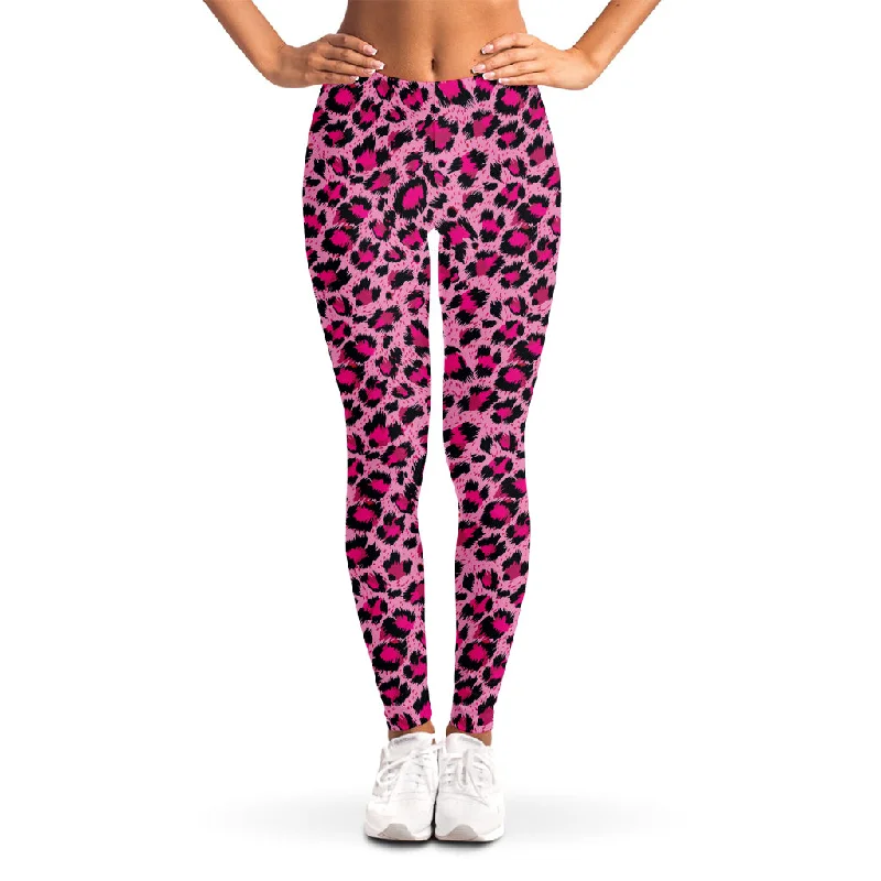 Pink Leopard Print Women's Leggings Trendy Side-Pocket Leggings