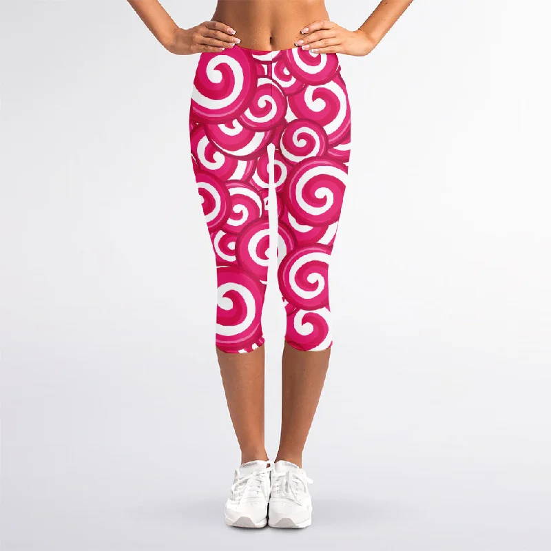 Pink Lollipop Candy Pattern Print Women's Capri Leggings Comfortable Ribbed Waistband Leggings Pink Lollipop Candy Pattern Print Women's Capri Leggings Comfortable Ribbed Waistband Leggings