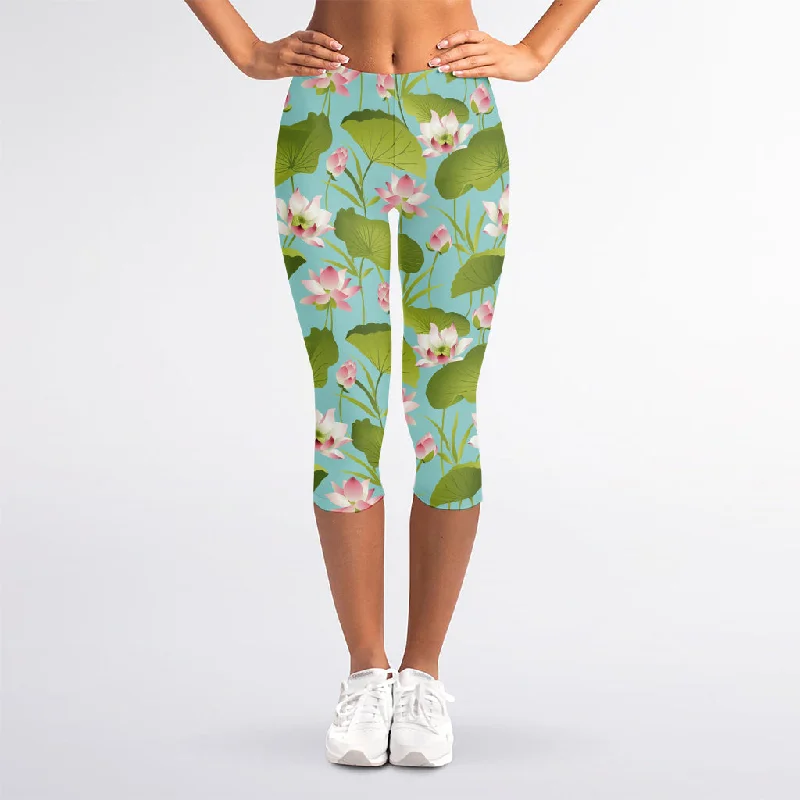 Pink Lotus Pattern Print Women's Capri Leggings Stylish Stretch Pants Leggings