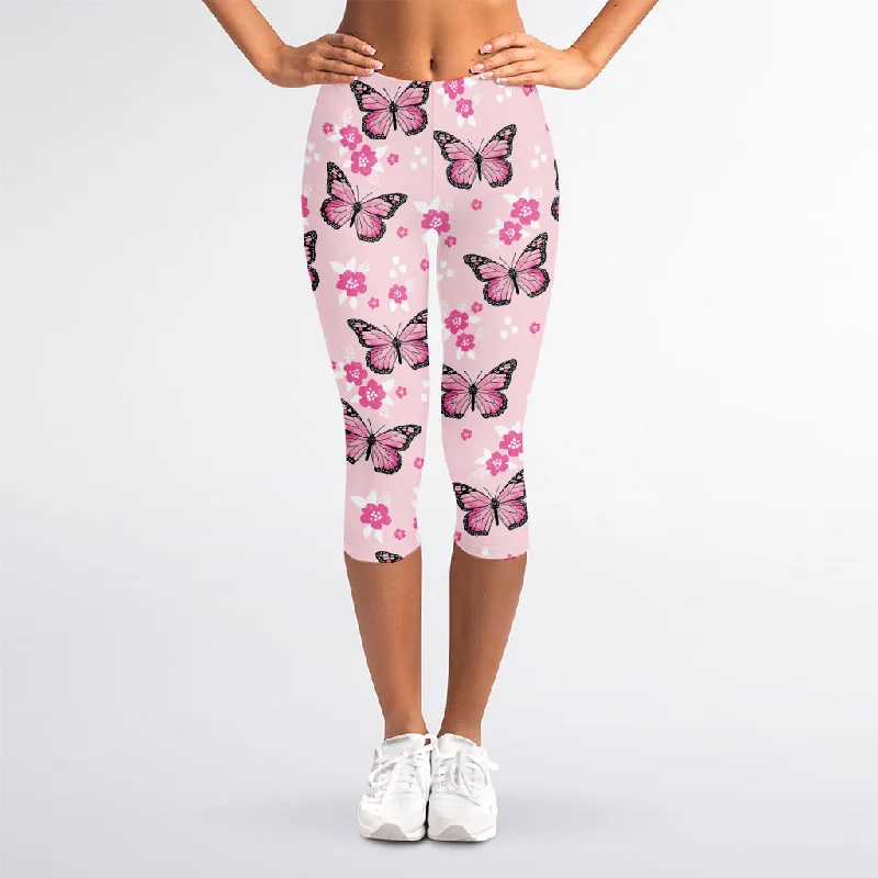 Pink Monarch Butterfly Pattern Print Women's Capri Leggings Cozy Workout Performance Leggings Pink Monarch Butterfly Pattern Print Women's Capri Leggings Cozy Workout Performance Leggings