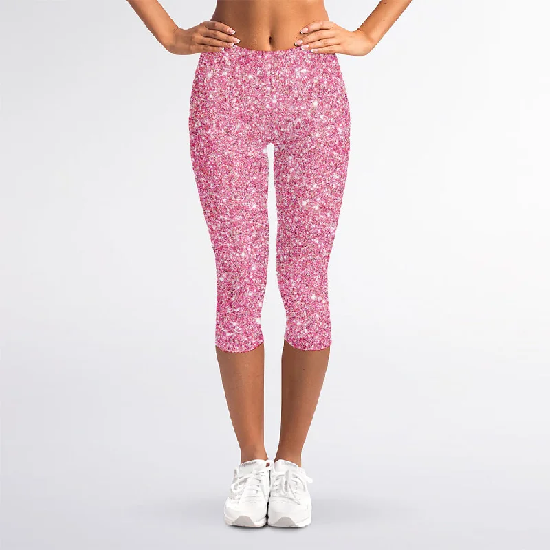 Pink (NOT Real) Glitter Print Women's Capri Leggings Trendy Seamless Sports Leggings Pink (NOT Real) Glitter Print Women's Capri Leggings Trendy Seamless Sports Leggings
