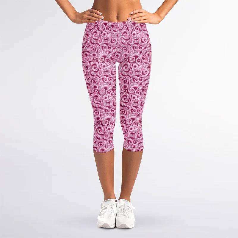 Pink Octopus Tentacles Pattern Print Women's Capri Leggings Elegant Satin Finish Leggings Pink Octopus Tentacles Pattern Print Women's Capri Leggings Elegant Satin Finish Leggings