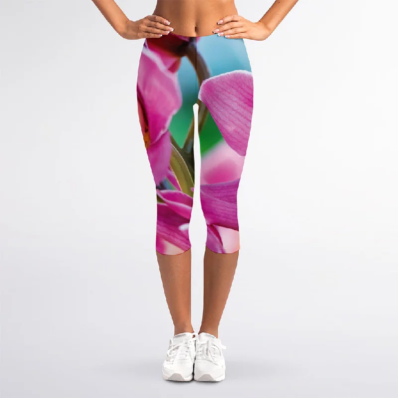 Pink Orchid Flower Print Women's Capri Leggings Comfortable Power Mesh Leggings