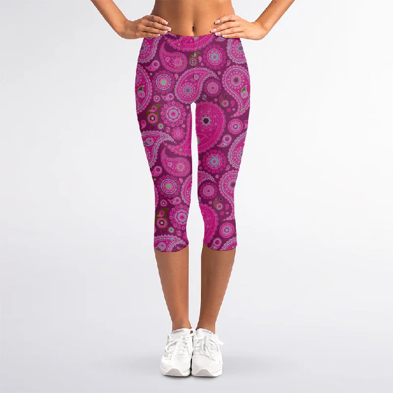Pink Paisley Pattern Print Women's Capri Leggings Fashionable Quick-Dry Leggings