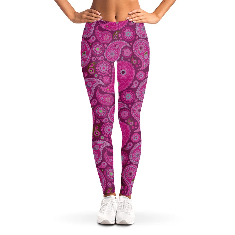 Pink Paisley Pattern Print Women's Leggings Trendy Patterned Leggings