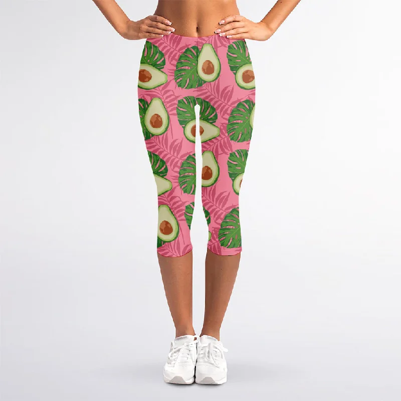 Pink Palm Leaf Avocado Print Women's Capri Leggings Trendy Foil Finish Leggings
