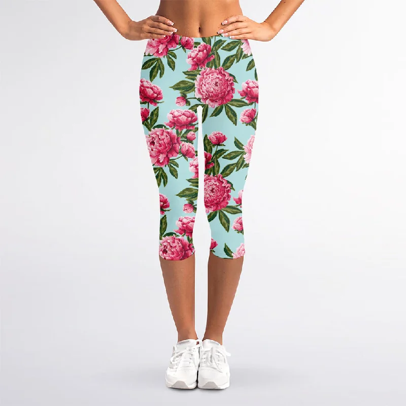 Pink Peony Pattern Print Women's Capri Leggings Stylish Camo Print Leggings