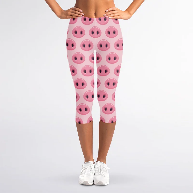 Pink Pig Nose Pattern Print Women's Capri Leggings Comfortable Yoga Tights Leggings
