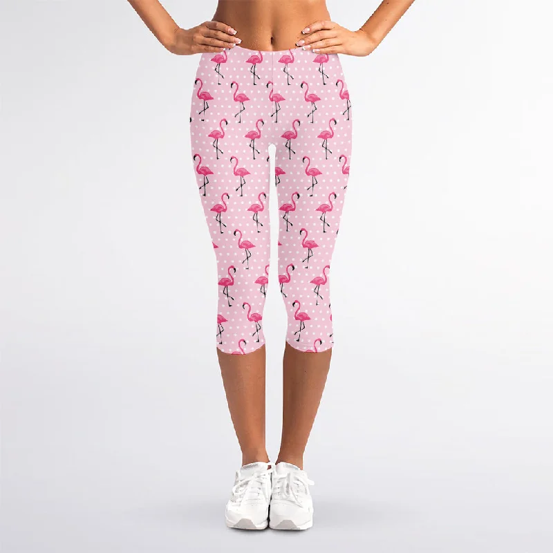 Pink Polka Dot Flamingo Pattern Print Women's Capri Leggings Trendy Sports Performance Leggings Pink Polka Dot Flamingo Pattern Print Women's Capri Leggings Trendy Sports Performance Leggings