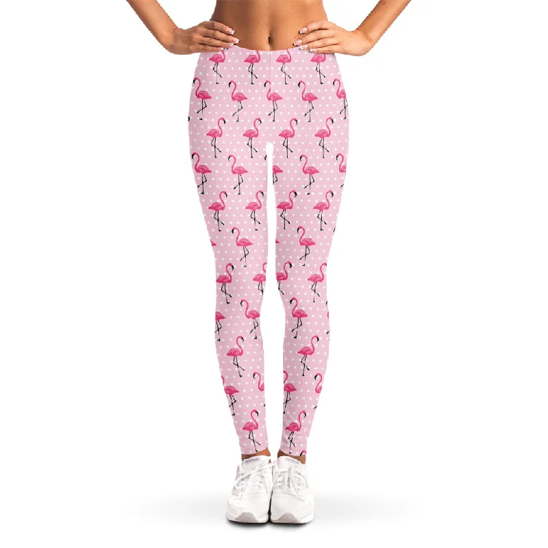 Pink Polka Dot Flamingo Pattern Print Women's Leggings Trendy Full-Length Leggings