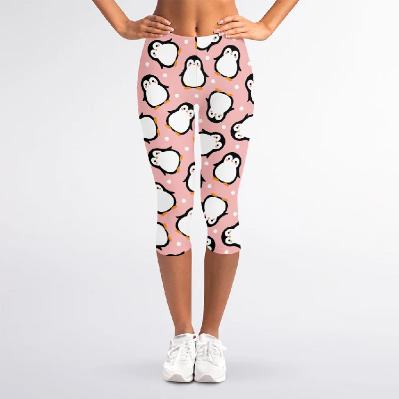 Pink Polka Dot Penguin Pattern Print Women's Capri Leggings Chic Floral Print Leggings Pink Polka Dot Penguin Pattern Print Women's Capri Leggings Chic Floral Print Leggings