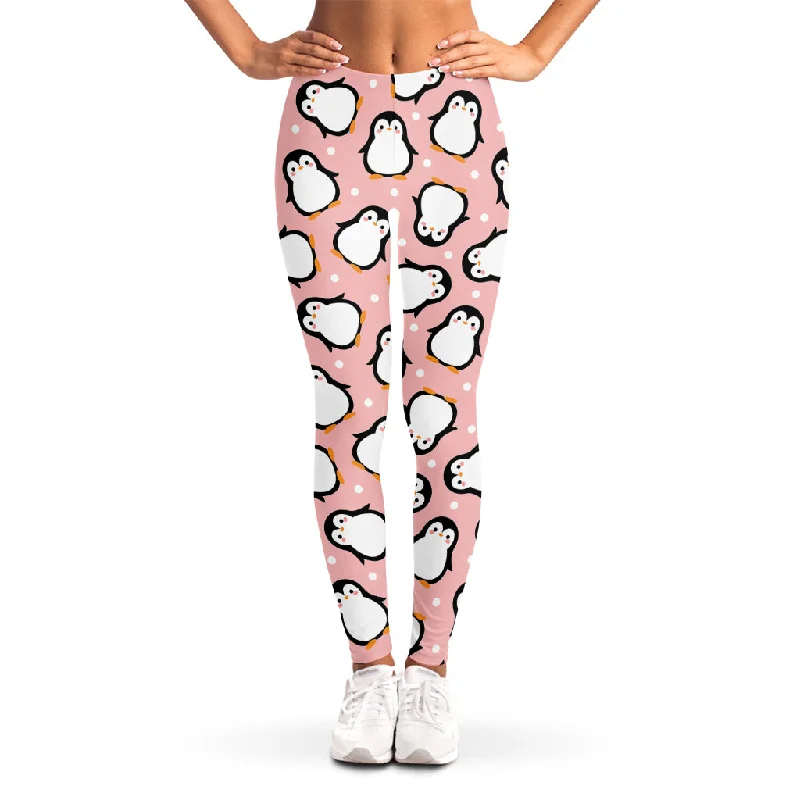 Pink Polka Dot Penguin Pattern Print Women's Leggings Trendy Flared Leggings