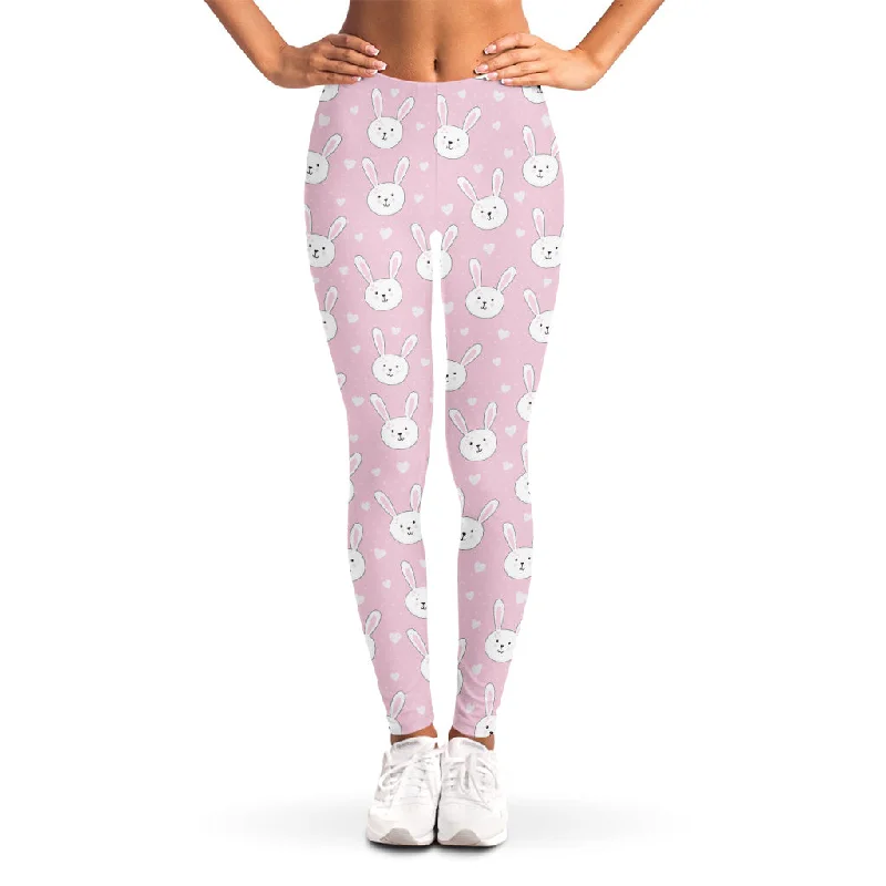 Pink Rabbit Pattern Print Women's Leggings Elegant Casual Fit Leggings