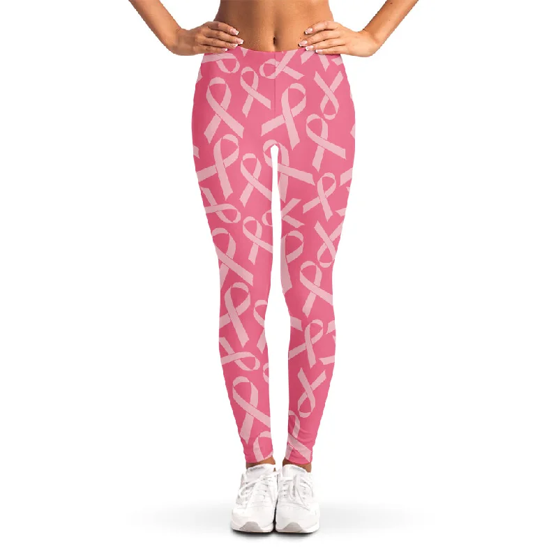Pink Ribbon Breast Cancer Pattern Print Women's Leggings Trendy Leather-Look Workout Leggings Pink Ribbon Breast Cancer Pattern Print Women's Leggings Trendy Leather-Look Workout Leggings