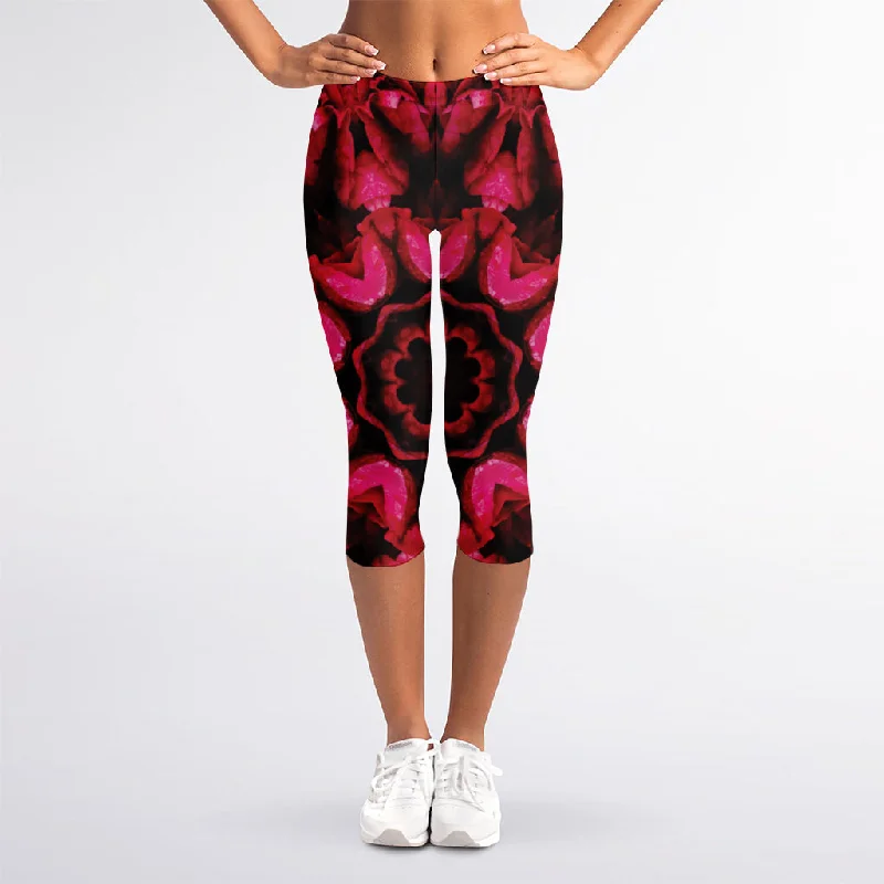 Pink Rose Kaleidoscope Print Women's Capri Leggings Fashionable Leather-Look Leggings Pink Rose Kaleidoscope Print Women's Capri Leggings Fashionable Leather-Look Leggings