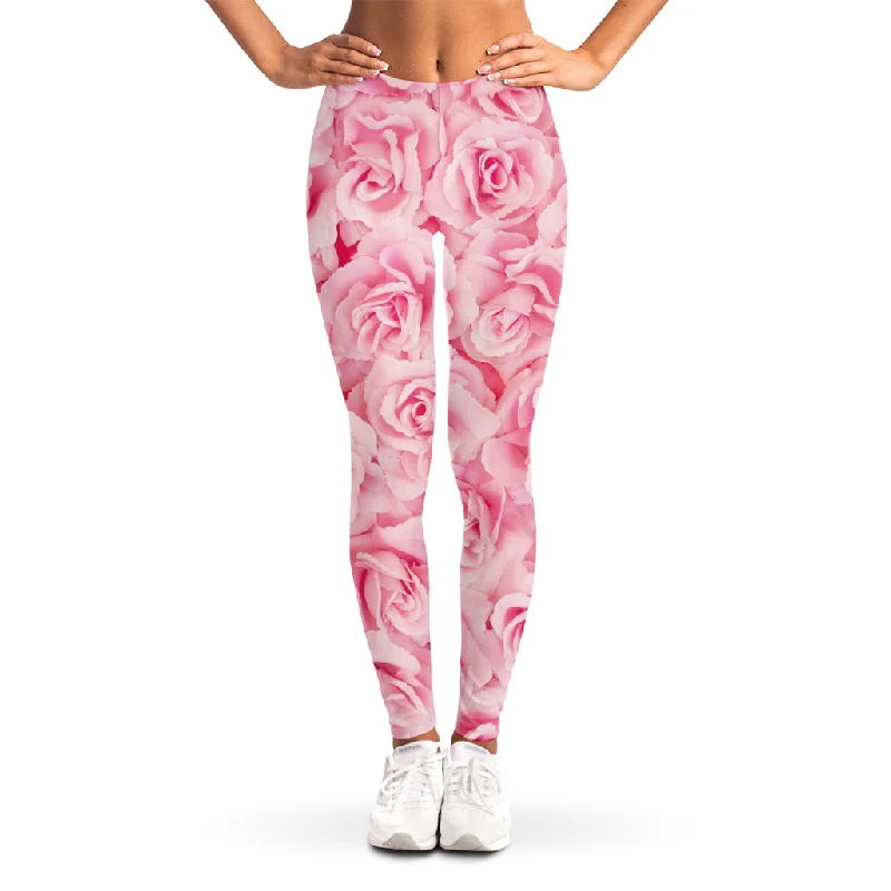 Pink Rose Print Women's Leggings Trendy Seamless Sports Leggings