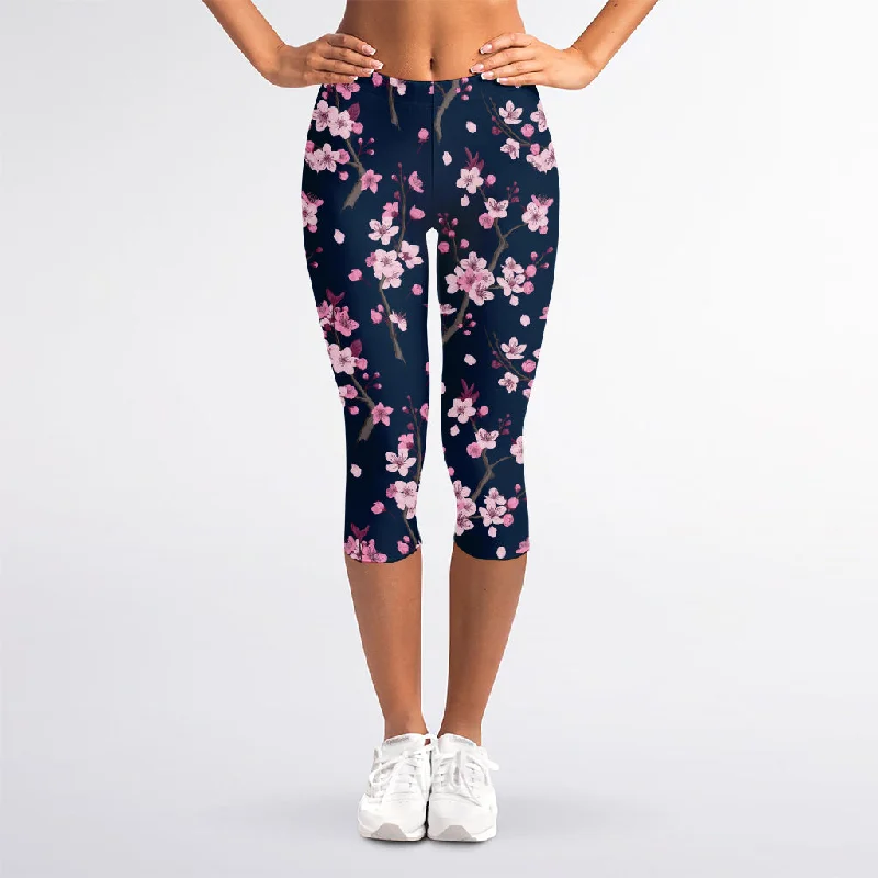 Pink Sakura Cherry Blossom Pattern Print Women's Capri Leggings Comfortable Ribbed Sports Leggings Pink Sakura Cherry Blossom Pattern Print Women's Capri Leggings Comfortable Ribbed Sports Leggings