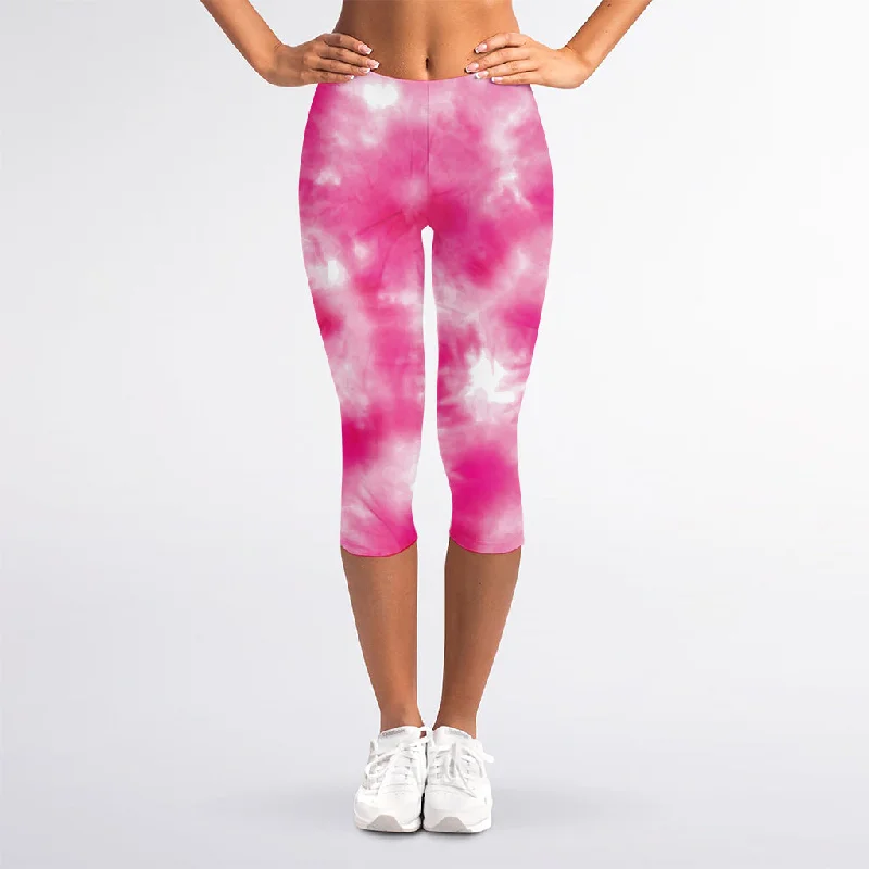 Pink Shibori Tie Dye Print Women's Capri Leggings Cozy Textured Workout Leggings