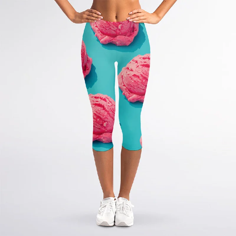 Pink Strawberry Ice Cream Print Women's Capri Leggings Stylish Printed Sport Leggings Pink Strawberry Ice Cream Print Women's Capri Leggings Stylish Printed Sport Leggings