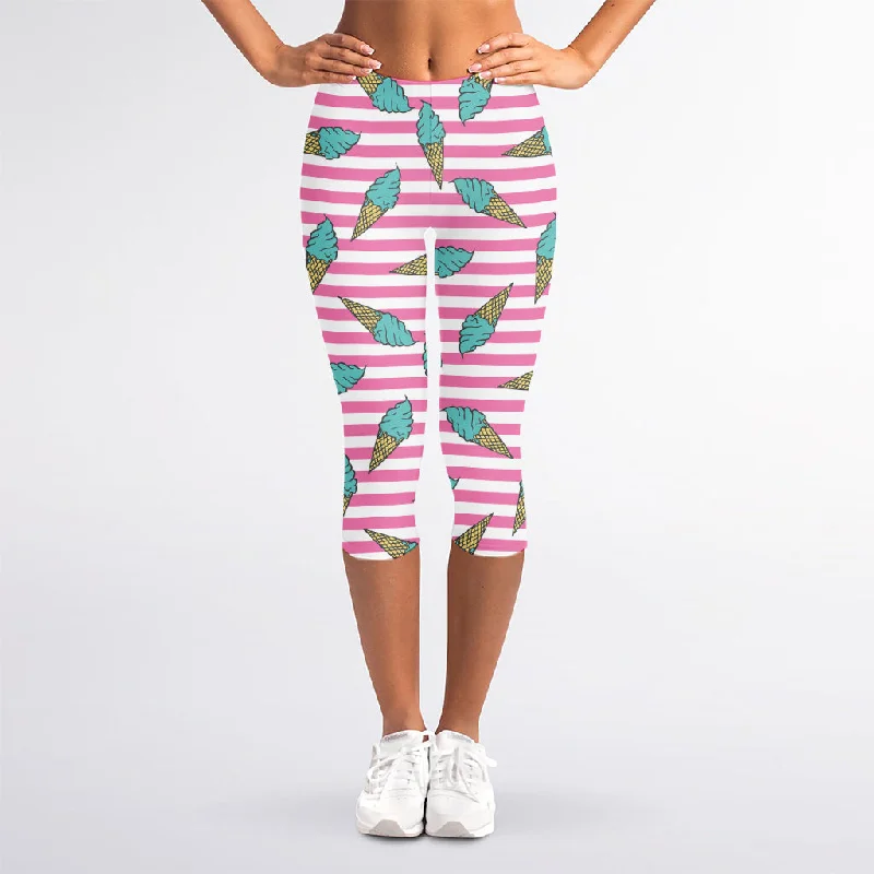 Pink Striped Ice Cream Pattern Print Women's Capri Leggings Cozy Yoga Compression Leggings Pink Striped Ice Cream Pattern Print Women's Capri Leggings Cozy Yoga Compression Leggings