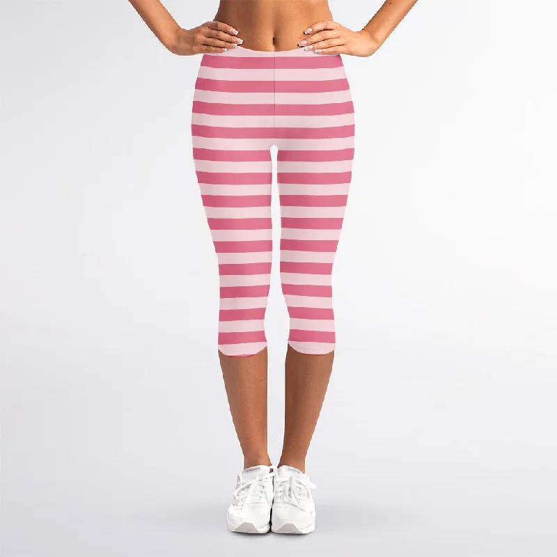 Pink Striped Pattern Print Women's Capri Leggings Fashionable Minimal Active Leggings Pink Striped Pattern Print Women's Capri Leggings Fashionable Minimal Active Leggings