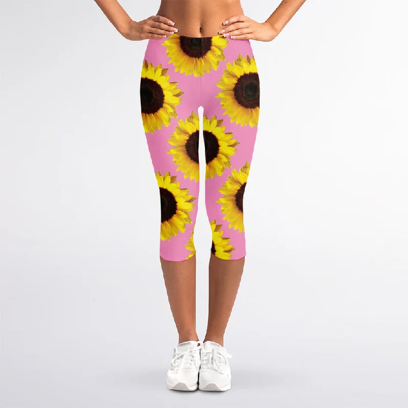 Pink Sunflower Pattern Print Women's Capri Leggings Comfortable Bootcut Workout Leggings Pink Sunflower Pattern Print Women's Capri Leggings Comfortable Bootcut Workout Leggings
