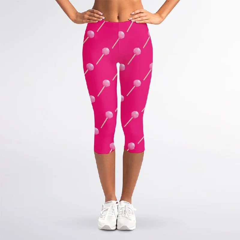 Pink Sweet Lollipop Pattern Print Women's Capri Leggings Comfortable Athletic Tights Pink Sweet Lollipop Pattern Print Women's Capri Leggings Comfortable Athletic Tights