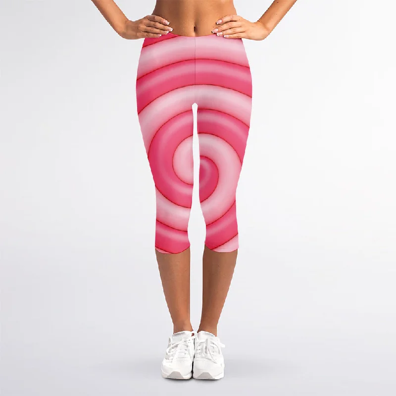 Pink Swirl Lollipop Print Women's Capri Leggings Comfortable Slip-On Compression Leggings Pink Swirl Lollipop Print Women's Capri Leggings Comfortable Slip-On Compression Leggings