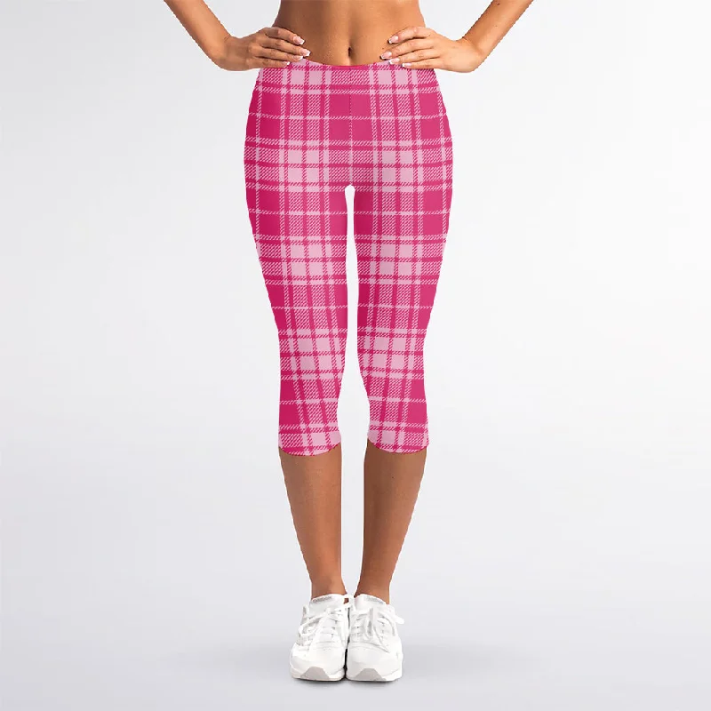 Pink Tartan Pattern Print Women's Capri Leggings Stylish Capri Leggings