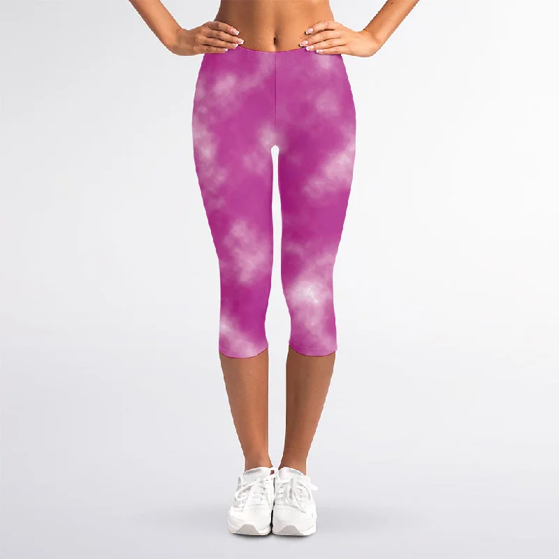 Pink Tie Dye Print Women's Capri Leggings Fashionable Fitted Workout Leggings