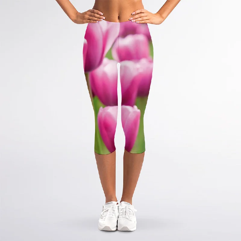 Pink Tulip Print Women's Capri Leggings Cozy Fashion Leggings