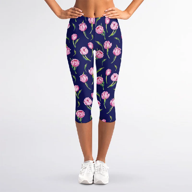 Pink Watercolor Tulip Flower Print Women's Capri Leggings Elegant Sheer Leggings