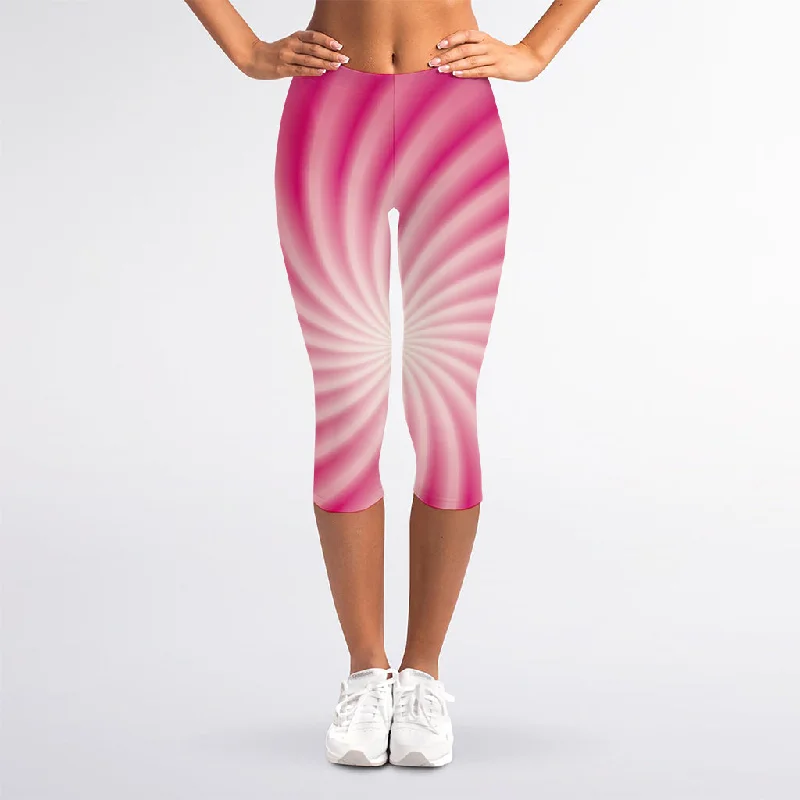 Pink Whirlpool Spiral Print Women's Capri Leggings Trendy Sweat-Wicking Workout Leggings Pink Whirlpool Spiral Print Women's Capri Leggings Trendy Sweat-Wicking Workout Leggings