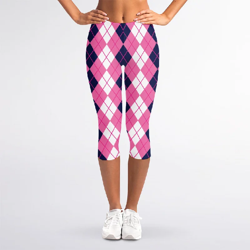 Pink White And Blue Argyle Pattern Print Women's Capri Leggings Fashionable Embroidered Detail Leggings Pink White And Blue Argyle Pattern Print Women's Capri Leggings Fashionable Embroidered Detail Leggings