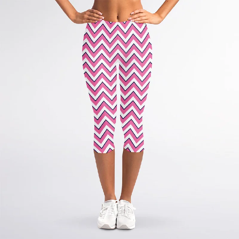 Pink White And Navy Chevron Print Women's Capri Leggings Comfortable Tummy Shaping Leggings Pink White And Navy Chevron Print Women's Capri Leggings Comfortable Tummy Shaping Leggings