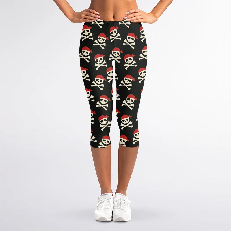 Pirate Skull Crossbones Pattern Print Women's Capri Leggings Fashionable Solid Color Tights