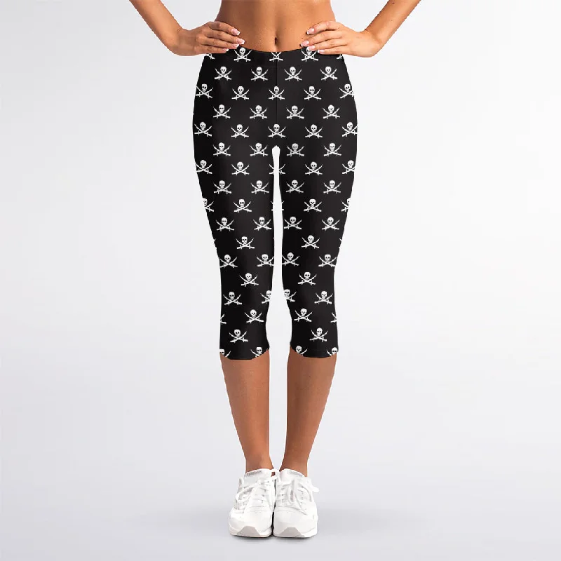 Pirate Skull Symbol Pattern Print Women's Capri Leggings Stylish Stretch Print Leggings Pirate Skull Symbol Pattern Print Women's Capri Leggings Stylish Stretch Print Leggings