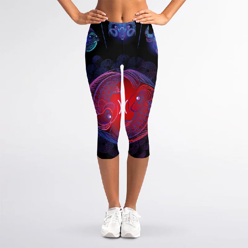 Pisces And Astrological Signs Print Women's Capri Leggings Trendy Sporty Compression Leggings Pisces And Astrological Signs Print Women's Capri Leggings Trendy Sporty Compression Leggings