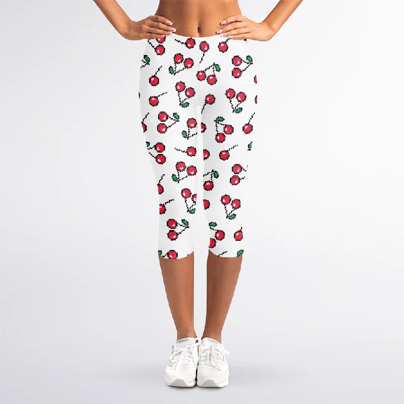 Pixel Cherry Pattern Print Women's Capri Leggings Fashionable High-Rise Workout Leggings Pixel Cherry Pattern Print Women's Capri Leggings Fashionable High-Rise Workout Leggings