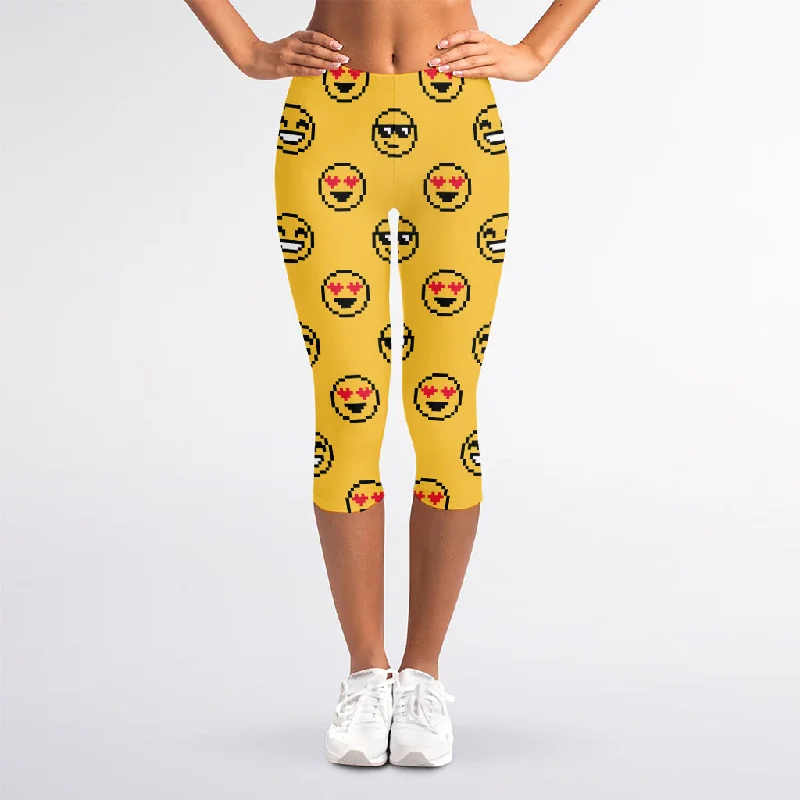 Pixel Emoji Pattern Print Women's Capri Leggings Comfortable Printed Workout Leggings Pixel Emoji Pattern Print Women's Capri Leggings Comfortable Printed Workout Leggings